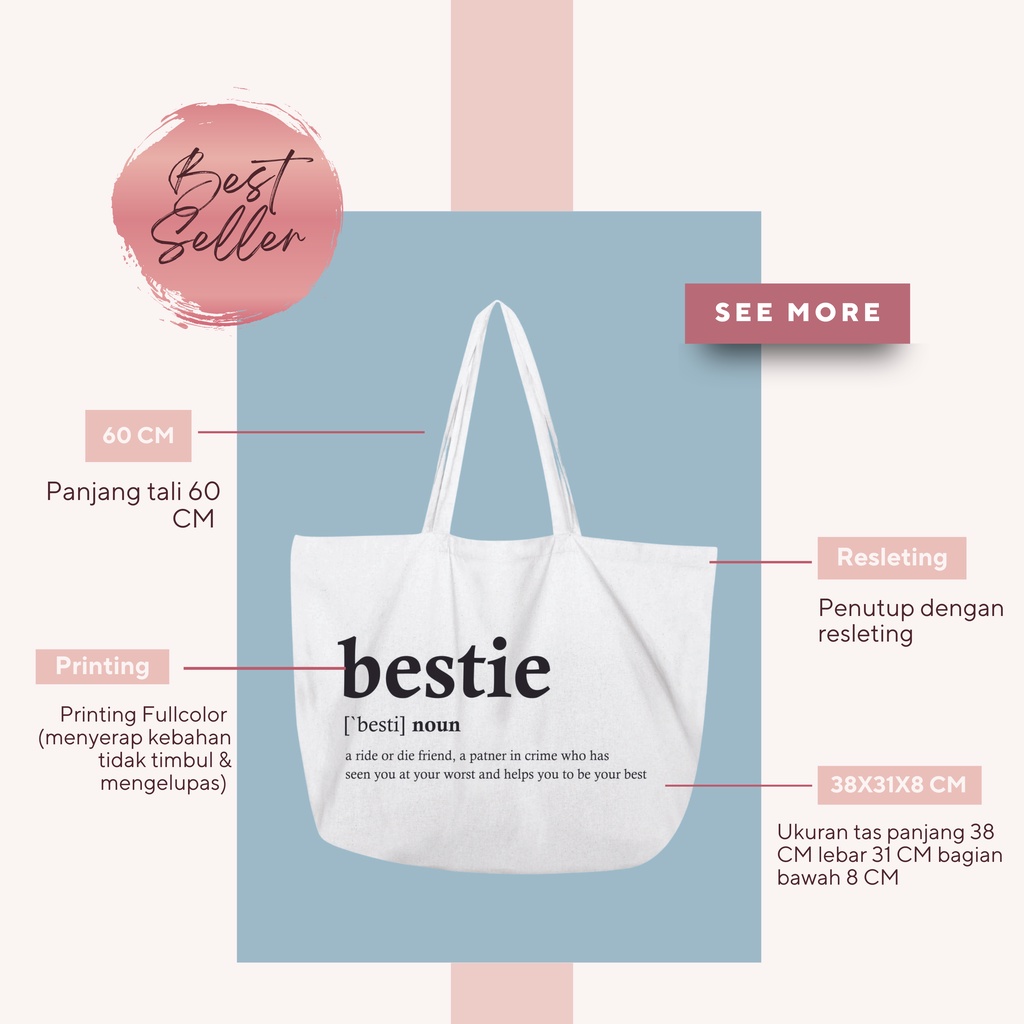 Tote Bag Kanvas Quotes Text Tulisan Bestie Resleting By Can Boom Official