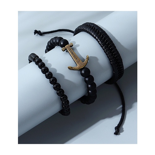 LRC Gelang Tangan Fashion Black Beaded Anchor Bracelet Set Y65215