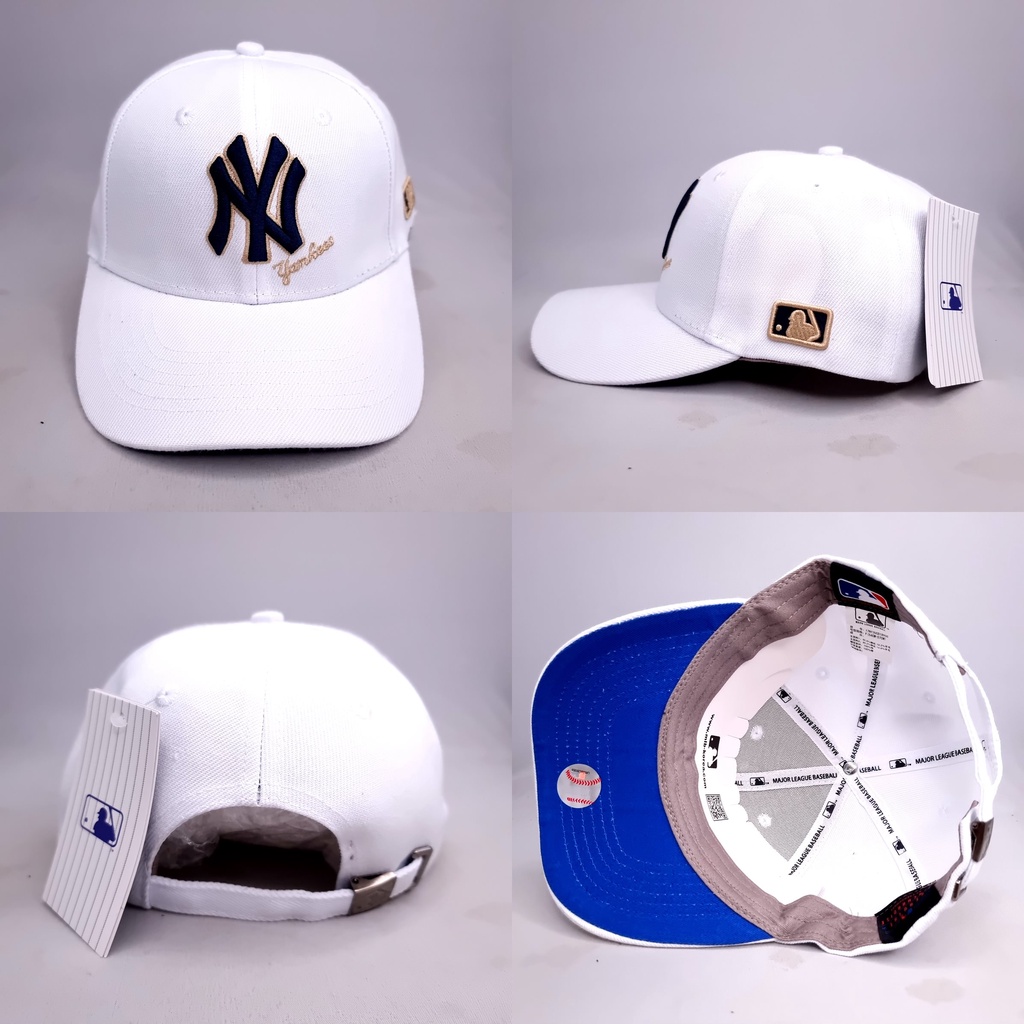 TOPI SNAPBACK MLB MELENGKUNG NY  PUTIH LOGO NAVY PINGGIR