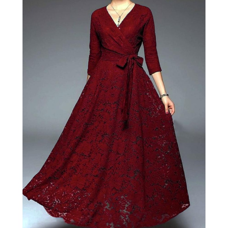 Baju Dress Pesta Wanita Model Terbaru Kekinian Kondangan Imlek Natal Pesta Brukat Selutut Dress Manuela Brukat Shanghai Natal Dress Natalan Party Dress Remaja Pesta Wedding Kondangan Gereja Gaun Casual Warna Merah Maroon Maxi Icha Maroon [Dress 0121]