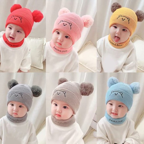 Topi Bayi Laki Laki Perempuan Bordir Beruang Model Kupluk Pompom Usia 0 3 6 bulan umur 1 2 3 Tahun thn Murah Lucu Newborn Baru lahir Bordir