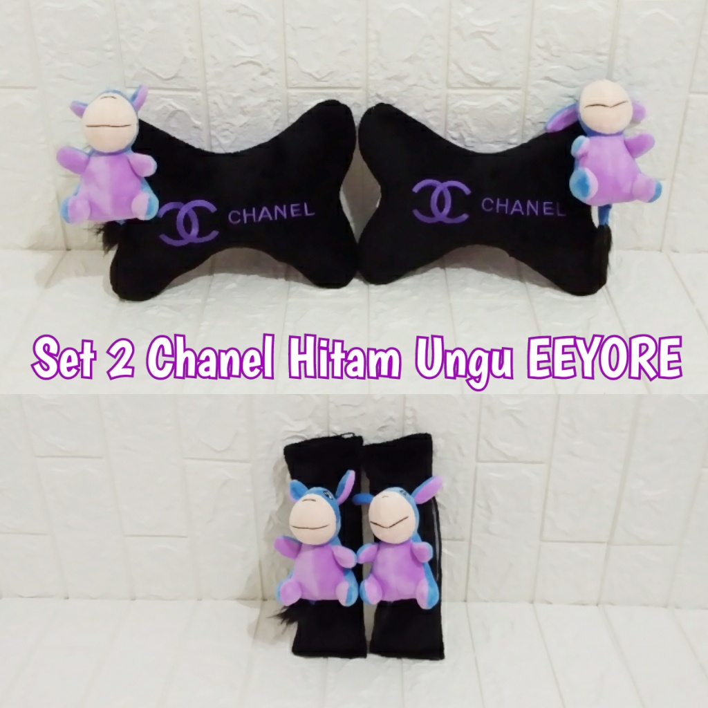 bantal mobil Sandaran Penyangga Set 2 Bordir Chanel Hitam Tulisan Ungu Boneka Eeyore
