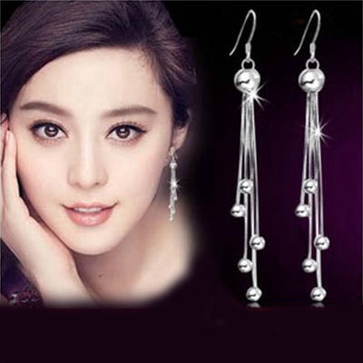S925 Manik-manik Perak Anting-Anting Korea Fashion Retro Panjang Anting Rumbai Perempuan Telinga Perhiasan ai2-512-Drop Earrings