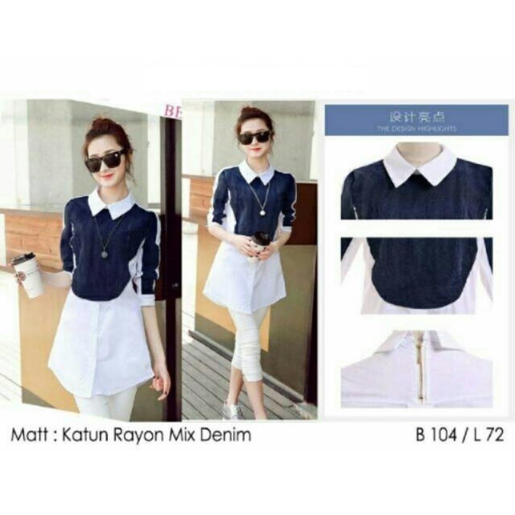 DISKPN Kemeja blus collar tunik kerah biru navy putih denim mix rayon Labella