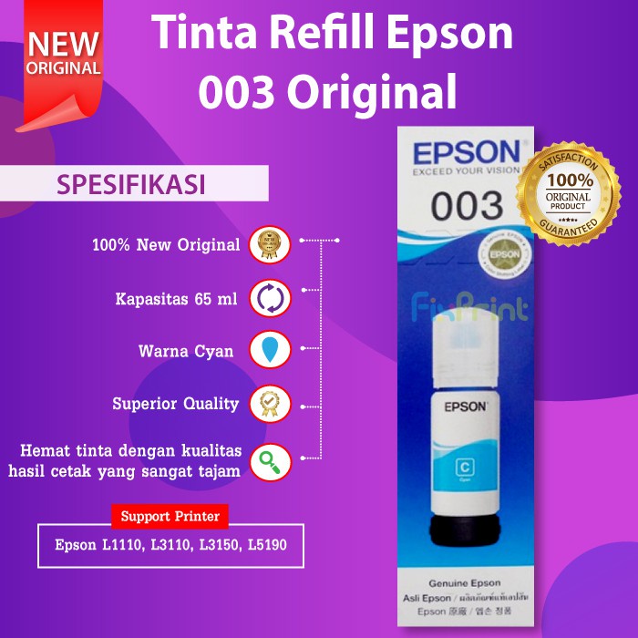 Tinta Epson Original 003 C13T00V Refill Botol Printer Epson L1110 L3110 L3150 L3116 L3156 L5190 65ml  EcoTank L1210 L3210 L3216 L3250 L3256 L5290 L5296 L1110 L3110 L3150 L5190