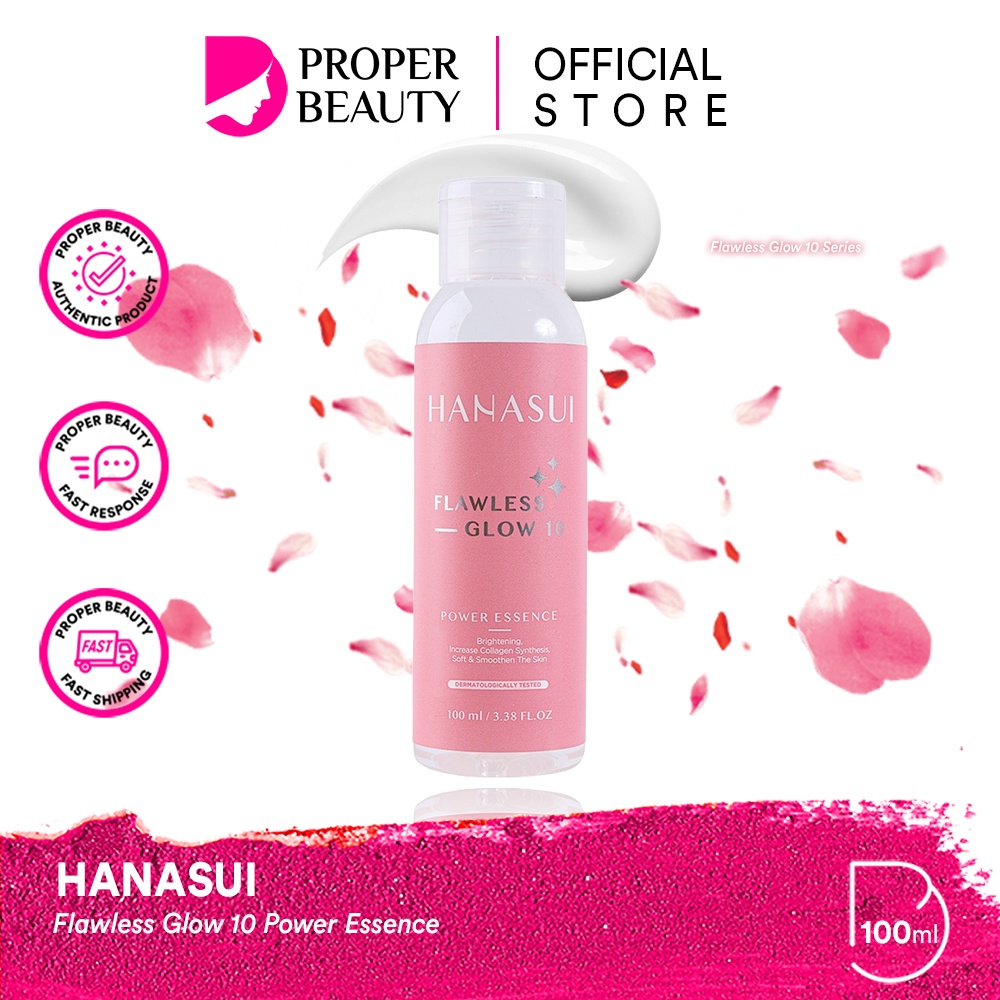 HANASUI Flawless Glow 10 Power Essence Indonesia / Brightening Increase Collagen Synthesis Soft &amp; Smoothen The Skin 100ml / Toner Pelembab Wajah Kulit Muka Skincare Face Facial Wash Cleanser Toner Serum Day Night Cream Spot Gel Paket Acne Treatment Series