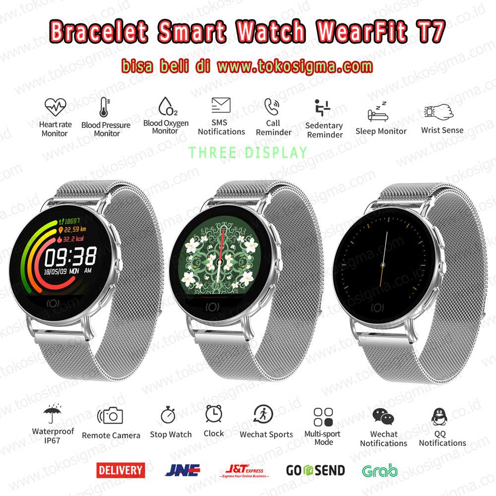 Bracelet Smart Watch WearFit T7 Health O2 blood pressure App Reminder - strap stainless Magnet