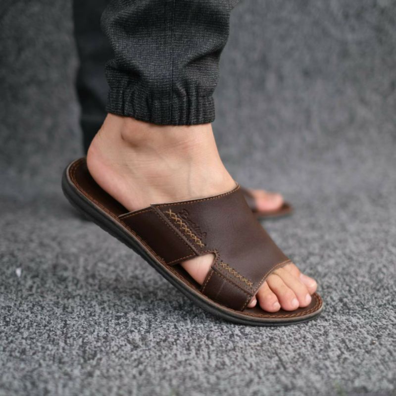 BRLN 001 Brown Sandal Pria Keren Kulit Asli Sendal Slide Casual Santai Main Original Full Leather