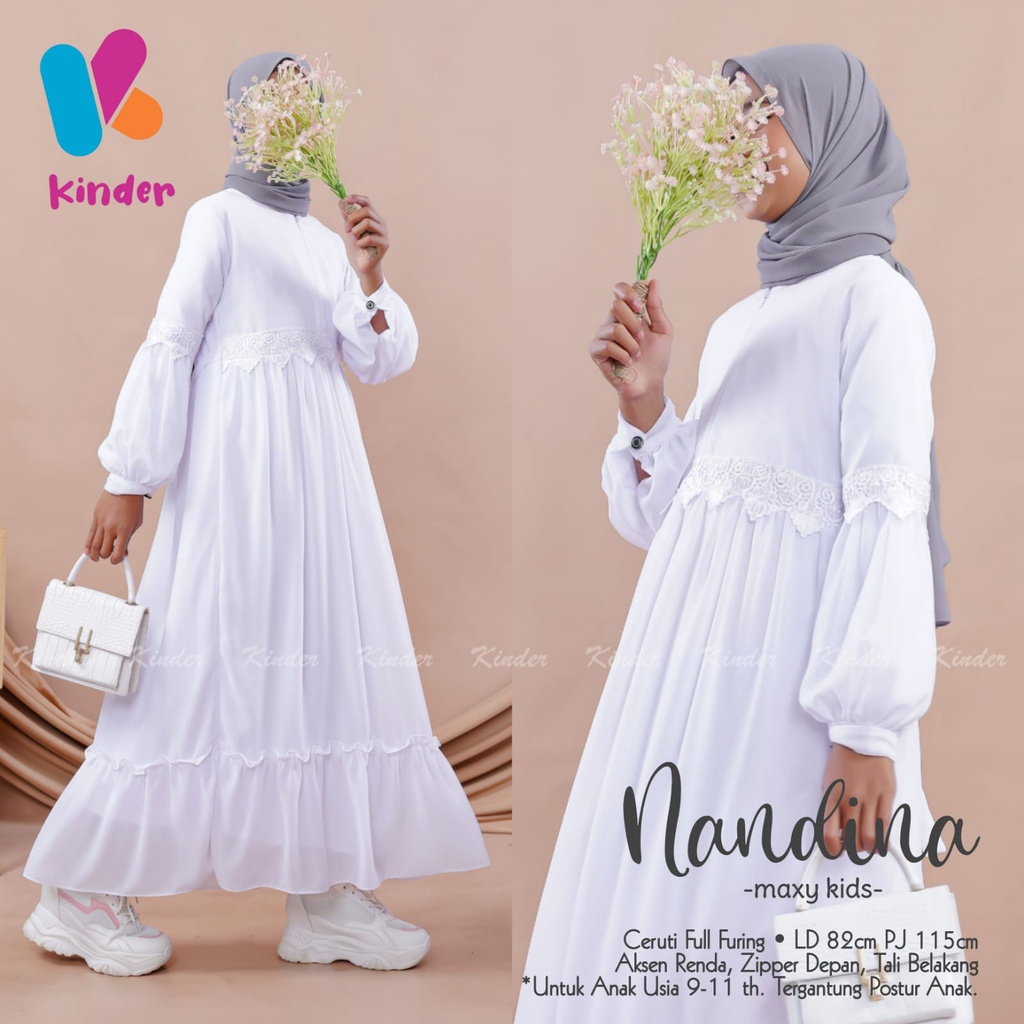 DRESS REMAJA MUSLIM WARNA PUTIH || NANDINA DRESS REMAJA USIA 12 TAHUN || DRESS ANAK REMAJA EXCLUSIVE