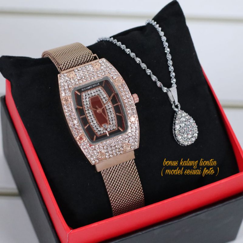 [COD] Jam Tangan Wanita RICHARD MILE 1058S Plus Kalung Free Box & Baterai