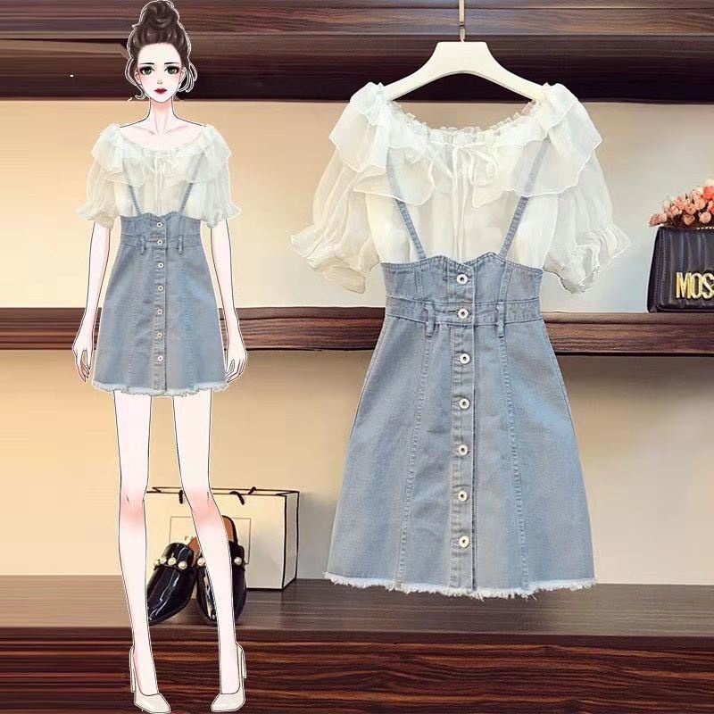 Big fat sister summer new suit women's foreign style thin shirt aging denim strap dress two-piece