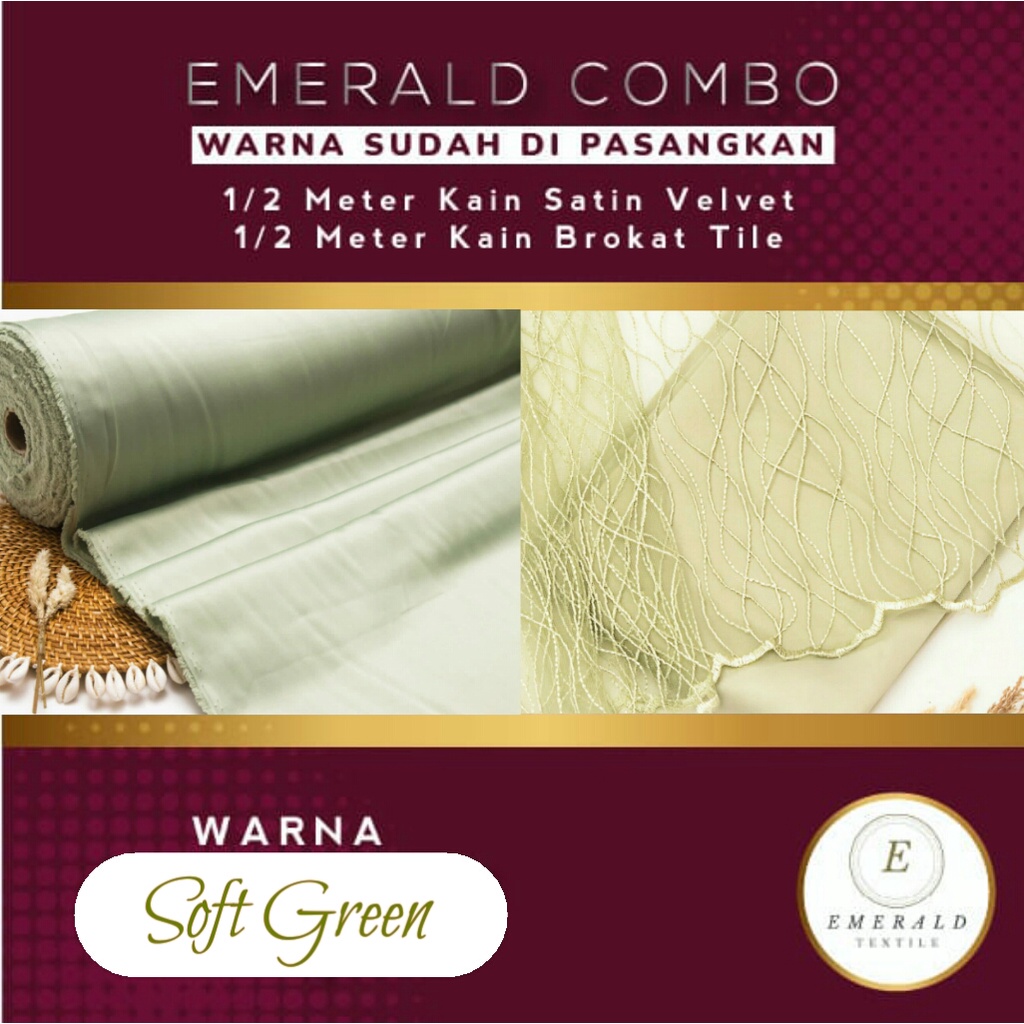 COMBO 1/2 Meter Brokat Tile Akar  + 1/2 Meter Furing Satin Velvet Silk Premium By Emerald Textile