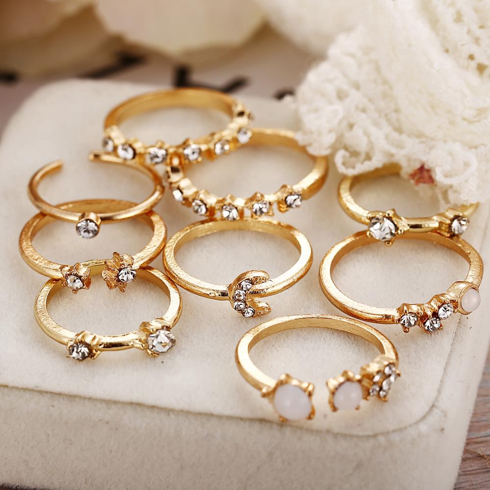 Cincin emas Set Bohemian Vintage Crystal Moon Star Rings Wanita Cincin Perhiasan Aksesoris Hadiah