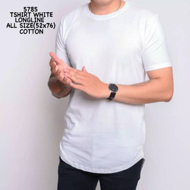5785 Kaos Longline Pria Putih Polos Kaos Pendek