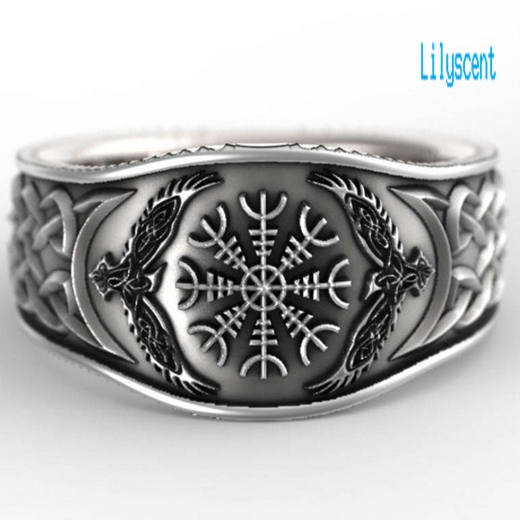 Lily Cincin Lebar Motif Ukiran Elang Kompas Bahan Alloy Warna Silver Untuk Pria