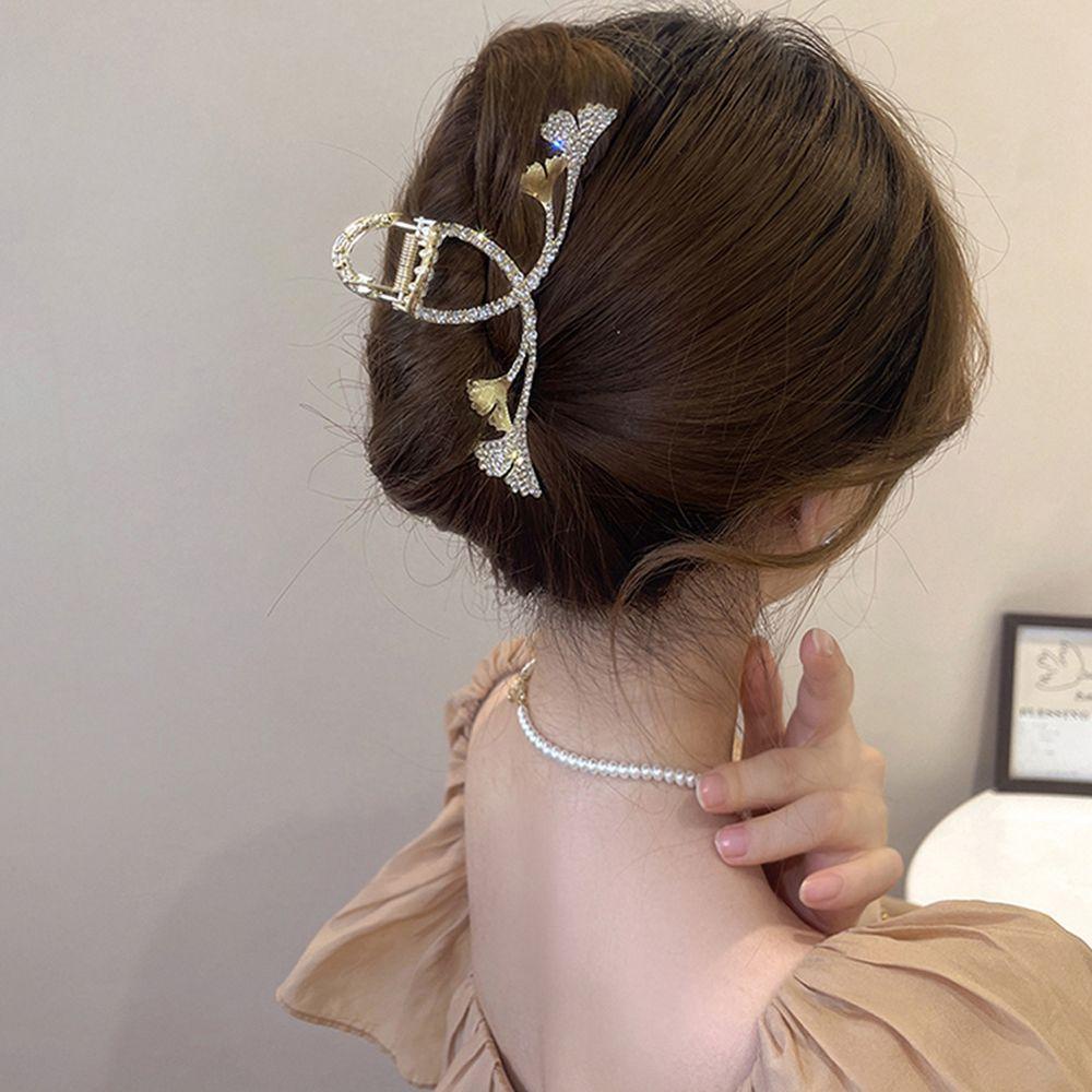Needway   Perempuan Cakar Rambut Mewah Besar Elegan Fashion Berlian Imitasi Logam Bentuk Ginkgo