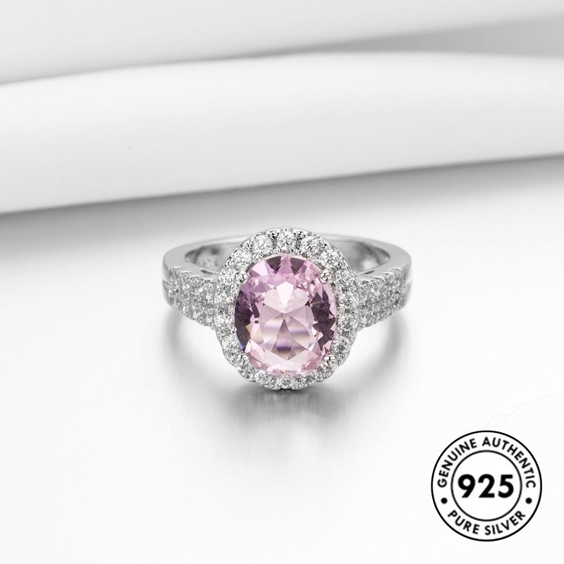 Cincin S925 Silver Hias Kristal Berlian Warna Pink