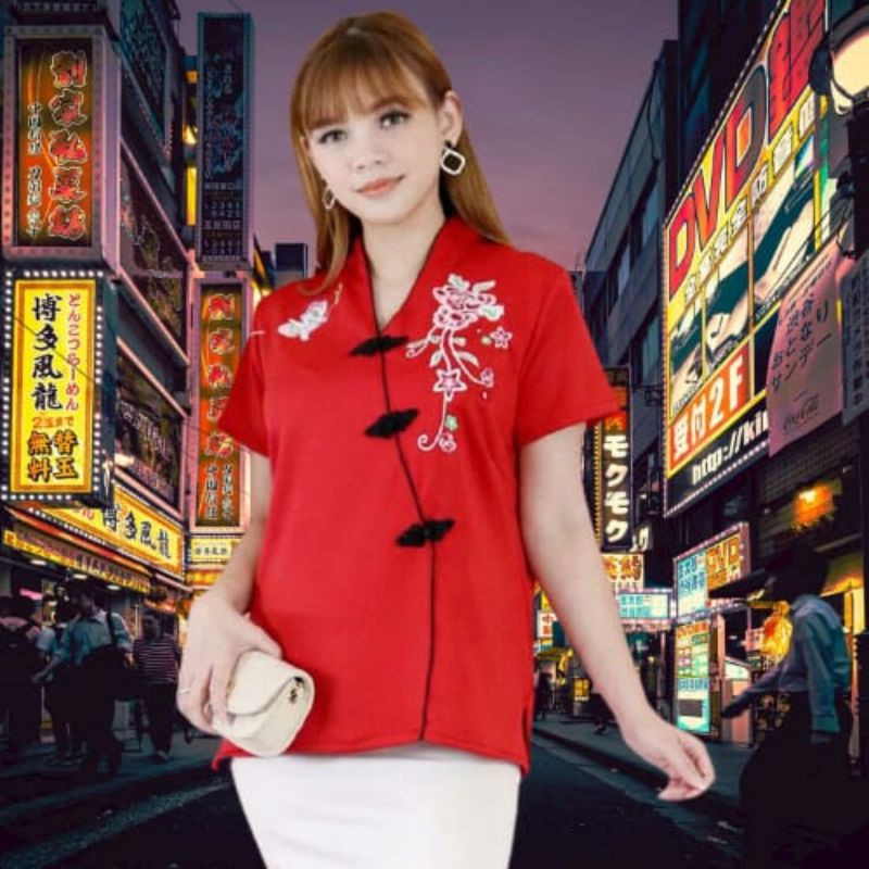 PROMO IMLEK Atasan Cheongsam Lokal Motif Bunga Sakura