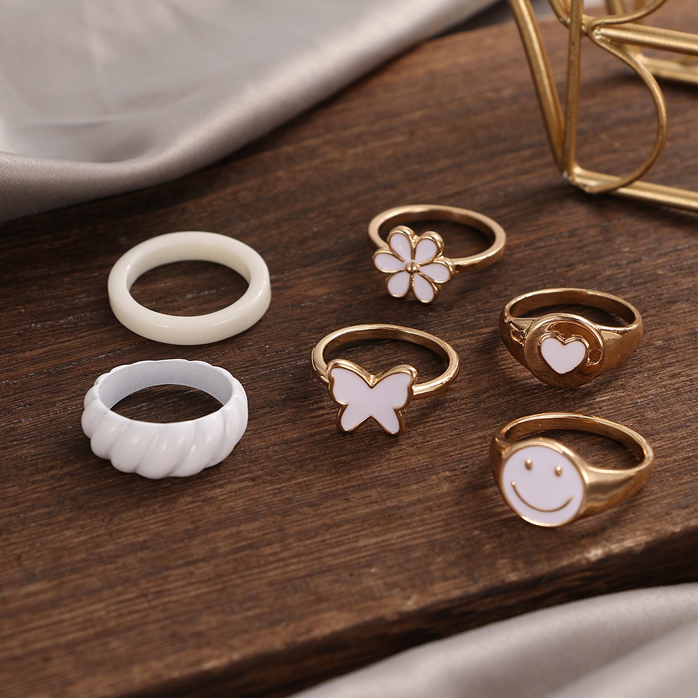 6pcs Set Vintage White Heart Butterfly Smiley Ring Set for Women Love Y2K Jewelry Gifts