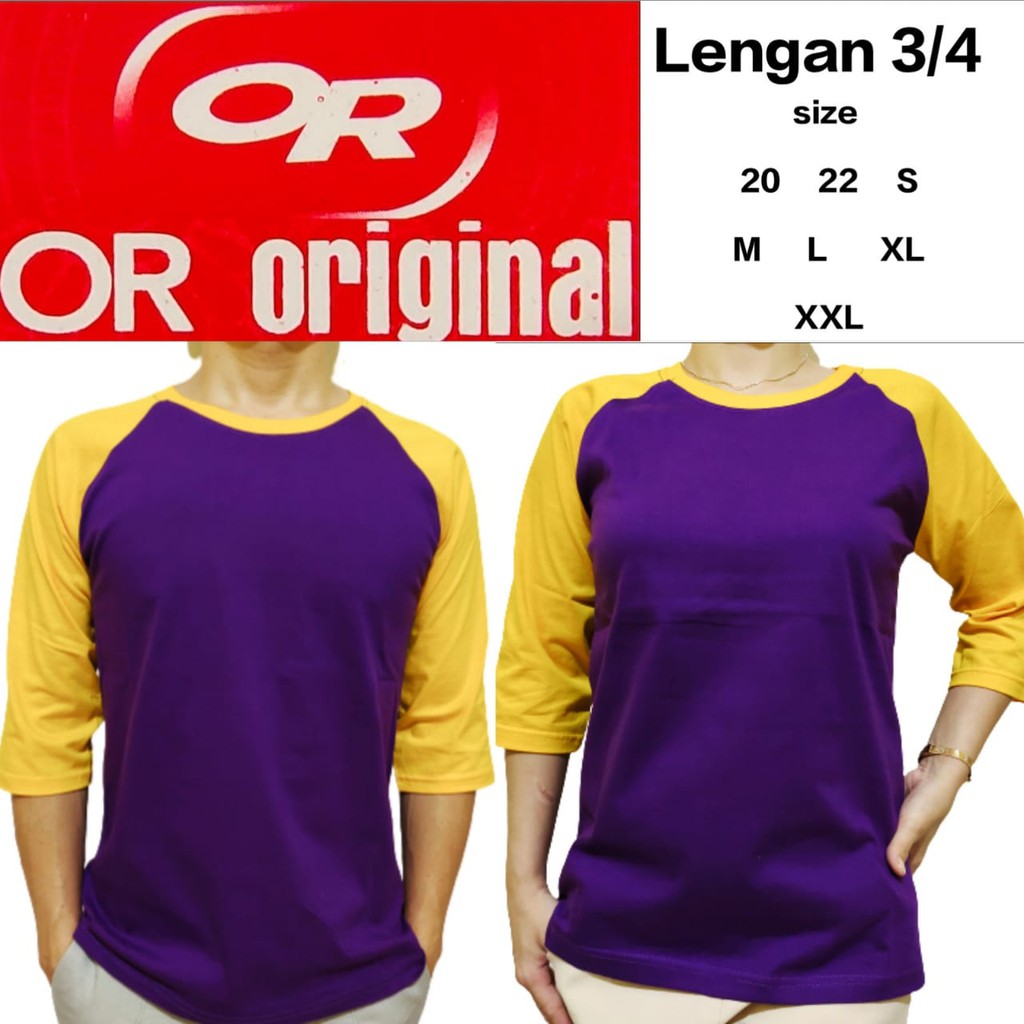 Kaos Polos Reglan UNGU lengan KUNING 3/4 20 22 S M L XL XXL