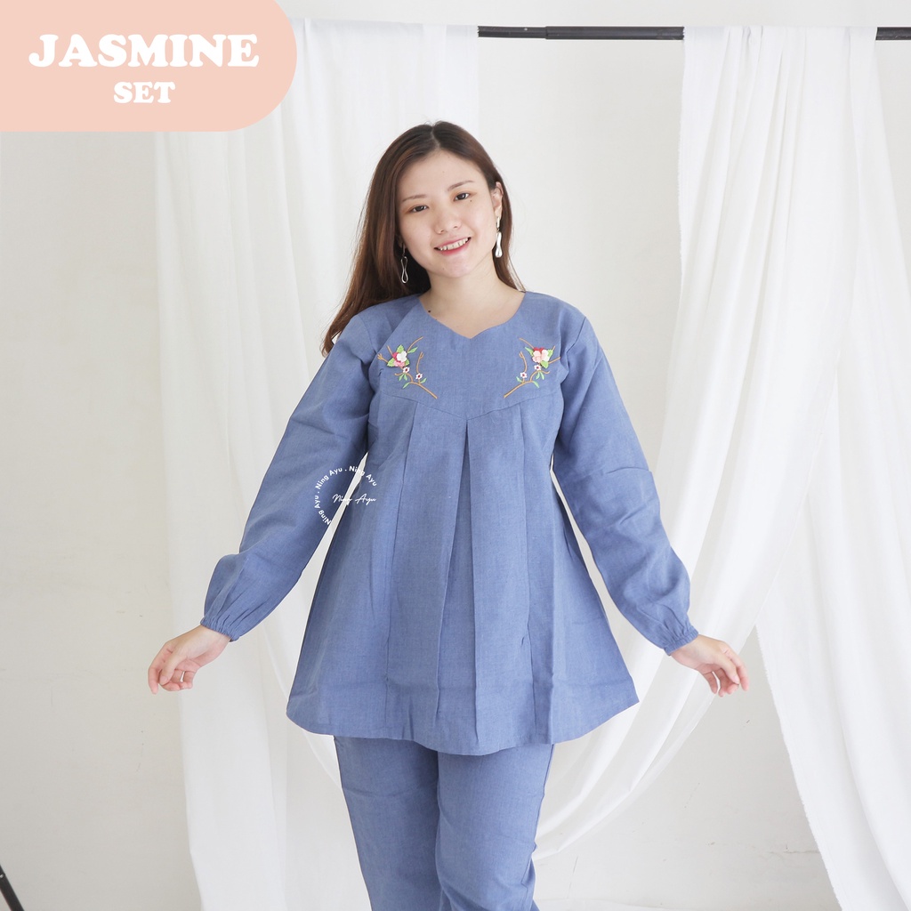 Mama Hamil Setelan Baju Hamil Kantor Muslim Lengan Panjang Kerja Casual Bunga JASMINE SET - STJ 119