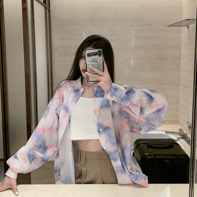 [CUCI GUDANG]Fashion Baru Wanita Korea Tie Dye Kemeja Sifon Longgar Lengan Panjang/Atas Lengan Pendek