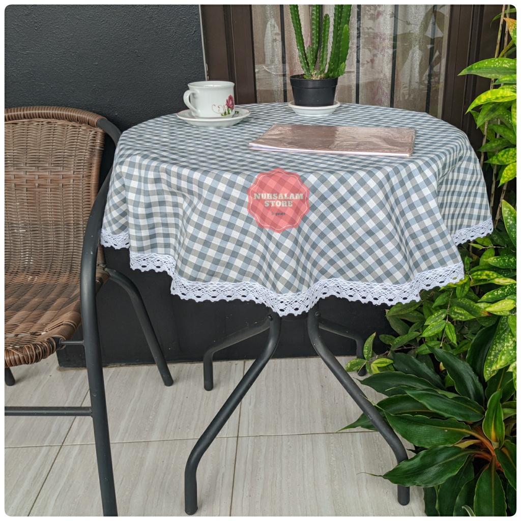 Taplak MEJA BULAT RENDA Rajut Estetik Kekinian Motif Kain Kotak-Kotak Gingham Ala Korea Elfarehza