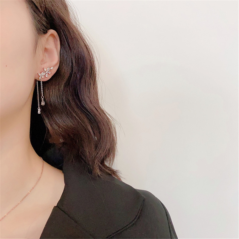 【COD Tangding】Anting Rumbai Panjang Desain Sayap Aksen Zirkon Gaya Korea Untuk Wanita