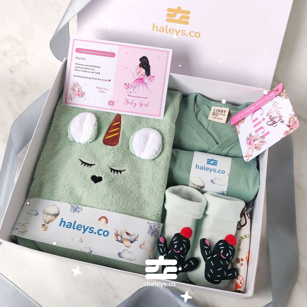 Haleys.co | Kado Bayi Premium Green Asparagus | 0-12 months Boy Girl Hampers | Gift Box Baby | Kado Lahiran | Newborn Hampers | Kado Bayi Laki Laki | Kado Bayi Perempuan | Paket Hampers Baby