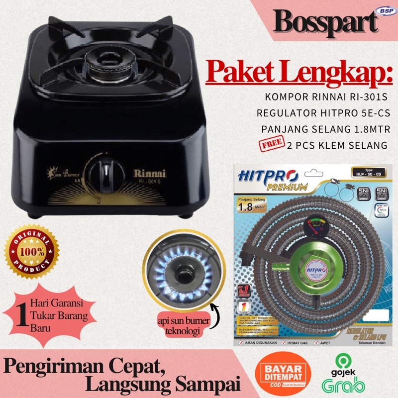 Kompor Gas Rinnai 1 tungku RI-301s dan Selang Regulator Gas Hitpro RI301s / RI-201S