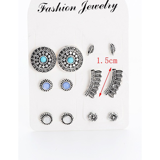 LRC Anting Tusuk Fashion Silver Color Flower Shape Decorated Earrings(6pairs)