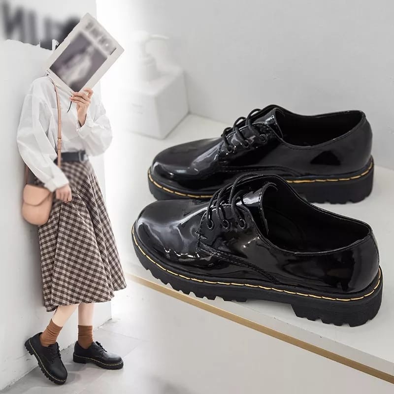 SEPATU OXFORD  GLOSY AND DOF TALI JAHIT WANITA / SEPATU FLAT LOAFERS PREMIUM JHT 01