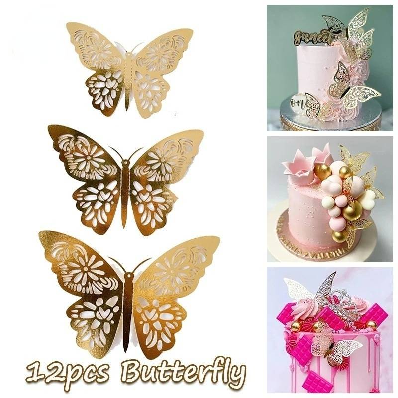 Set Stiker Kertas Motif Kupu-Kupu Warna Emas Untuk Dekorasi Kue Butterfly