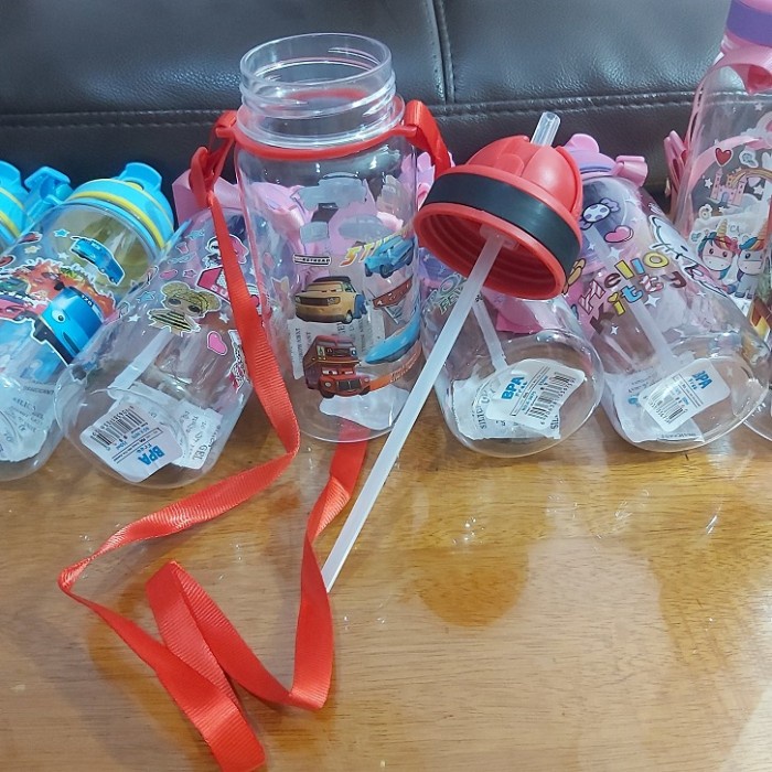 Botol Minum Anak Tali Sedotan Karakter Kartun Imut Lucu 350 ML - Random Motif