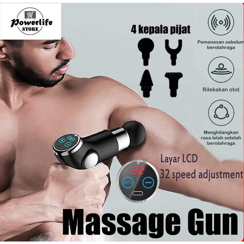 (COD) Alat Pijat Elektrik 4 in 1 Alat Pijat LCD Display Massage Gun Getar Terapi Otot Therapy Massager Gym Pembentuk Otot Electric