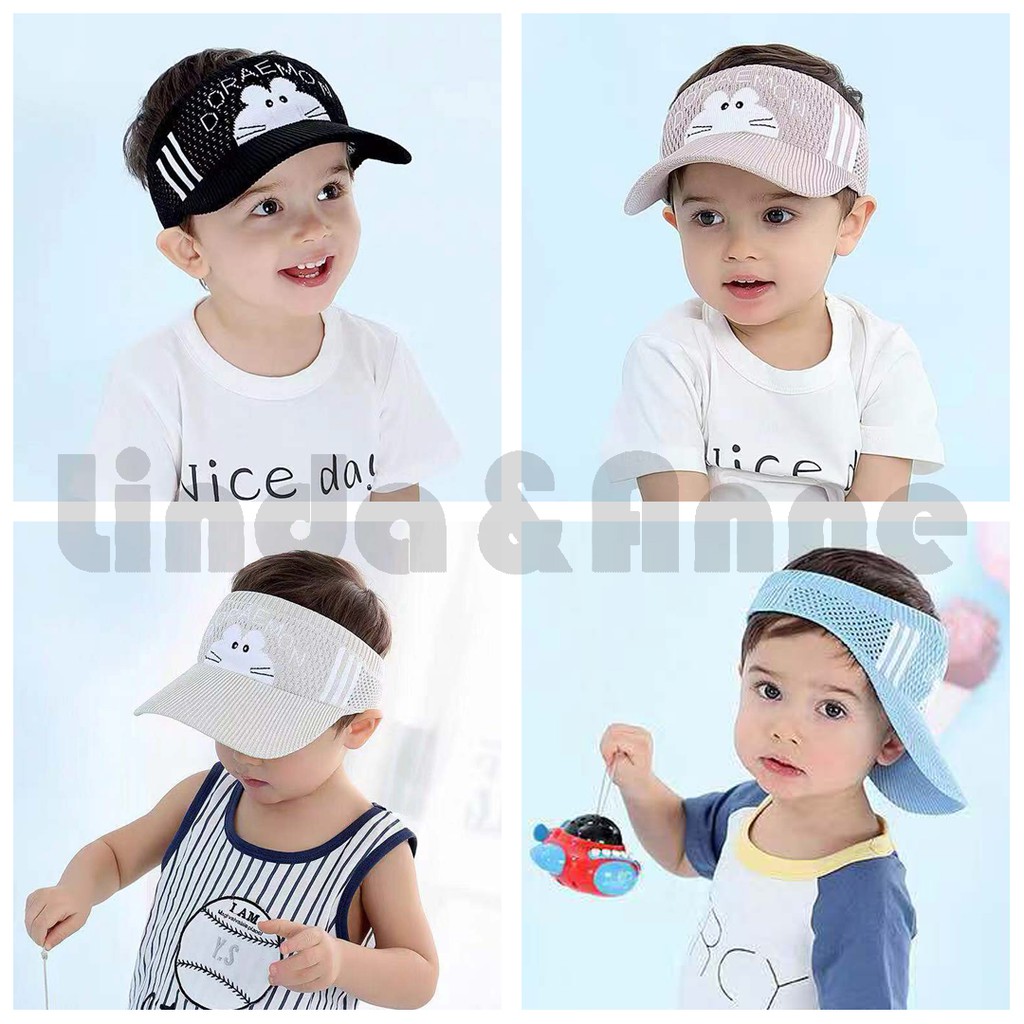 Topi Visor/Sunshade Motif Kartun Doraemon Warna Hitam/Pink untuk Anak Perempuan/Laki-laki