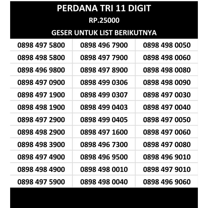 nomor cantik perdana tri 3 jaringan 4G LTE 11digit Nasional