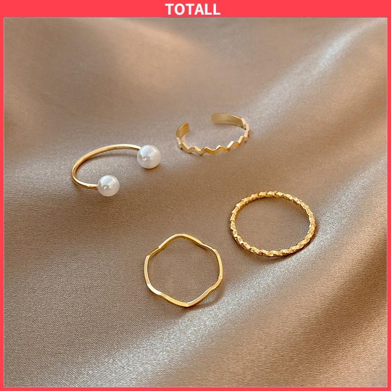 COD 4 Pcs/set Korea Cincin Emas Untuk Wanita Sederhana Mutiara Elegan Cincin Set Dapat Disesuaikan Terbuka Perhiasan Hadiah-Totall