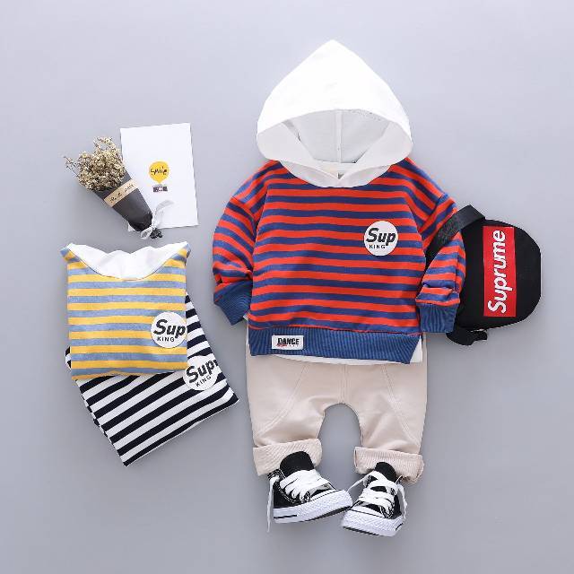 SSL1-Setelan Set Anak Laki Sweater Garis SupKing