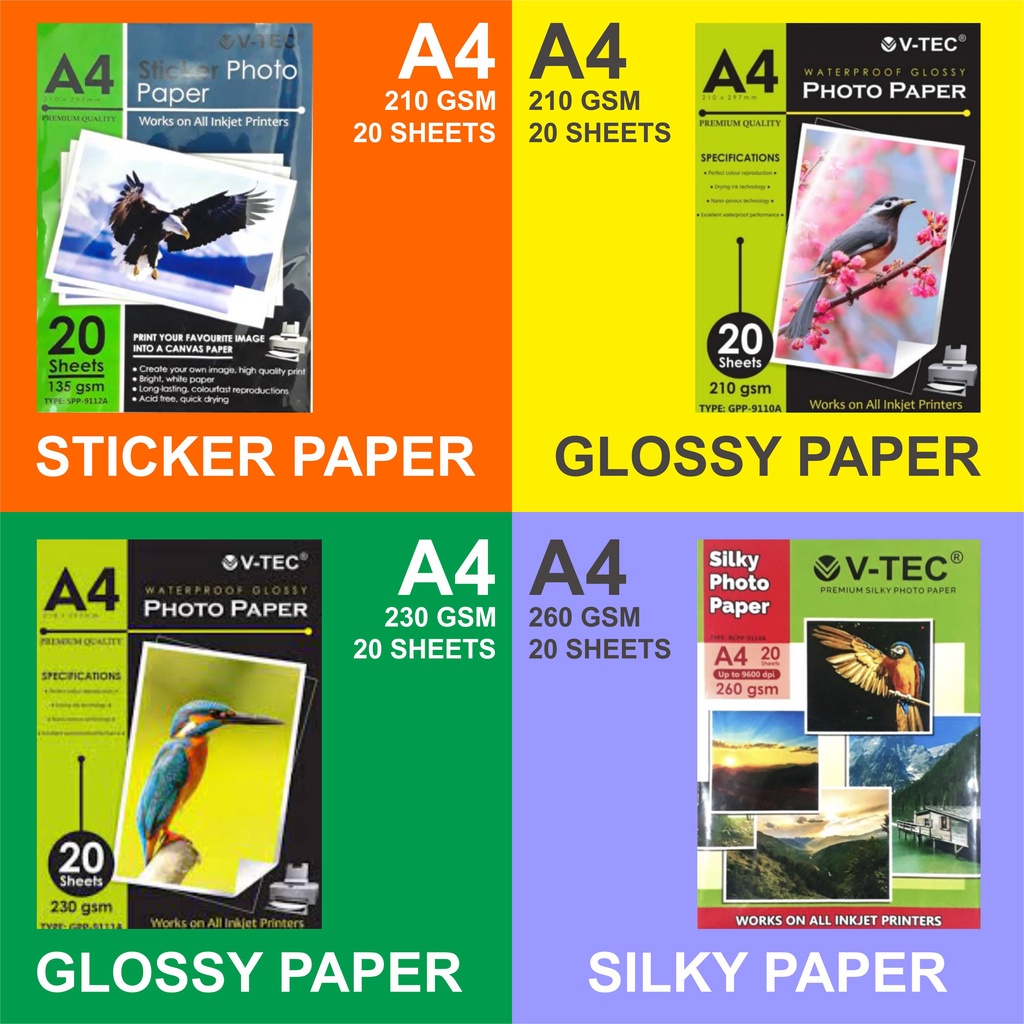

PHOTO PAPER & STICKER PAPER A4 ( 210 X 297 MM ) // 135 / 210 GRM / 230 GRM / 260 GRM // V-TEC / WORKS ON ALL IKNJET PRINTERS