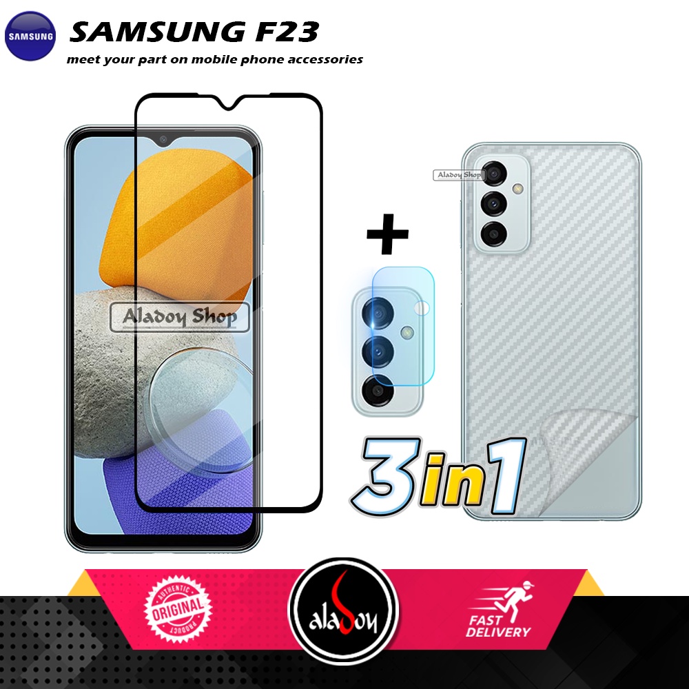 PROMO 3 IN 1 PAKET Tempered Glass SAMSUNG F23 Free Tempered Glass Camera dan Skin Carbon