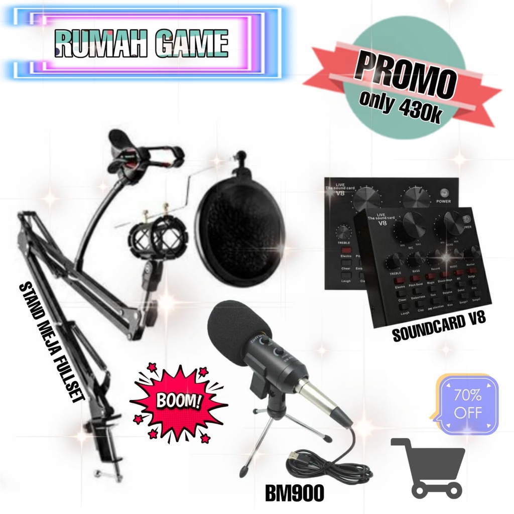 Paket Fullset Mikrofon BM900 Stand Taffware Studio dan Soundcard v8