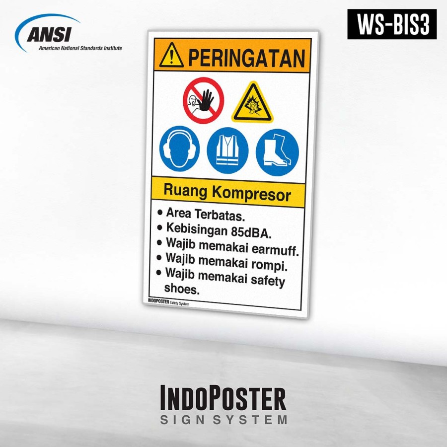 

Stiker K3 Safety Sign ANSI Bahaya Bising Ruang Kompresor Wajib Earmuff