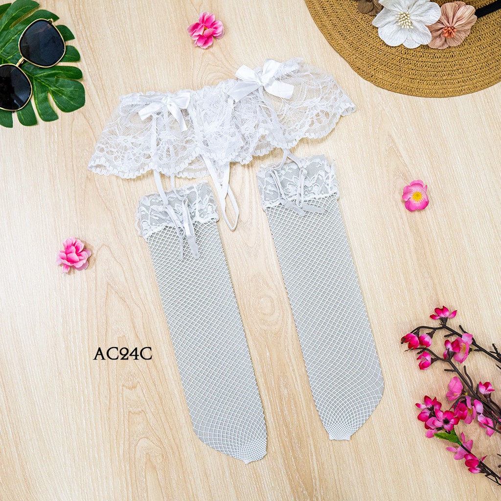 [READY STOCK] SABUK PAHA GARTER BELT SEKSI + STOCKING SEXY LACE PUTIH AC24C