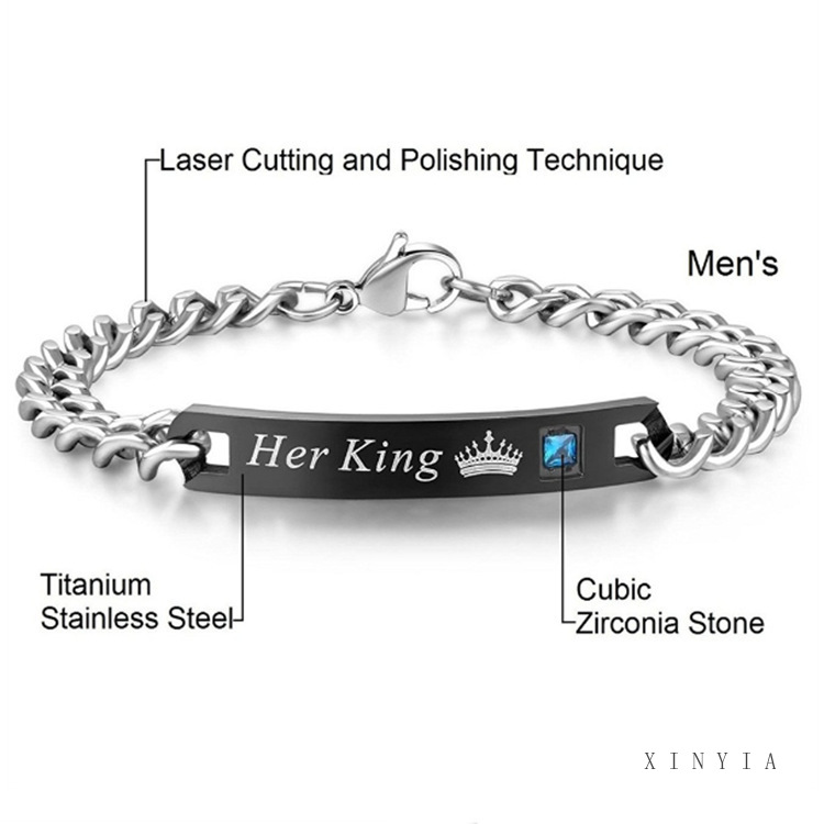 HERS Gelang Pasangan Bahan Stainless Steel Tulisan His Queen Her King Untuk Pria / Wanita