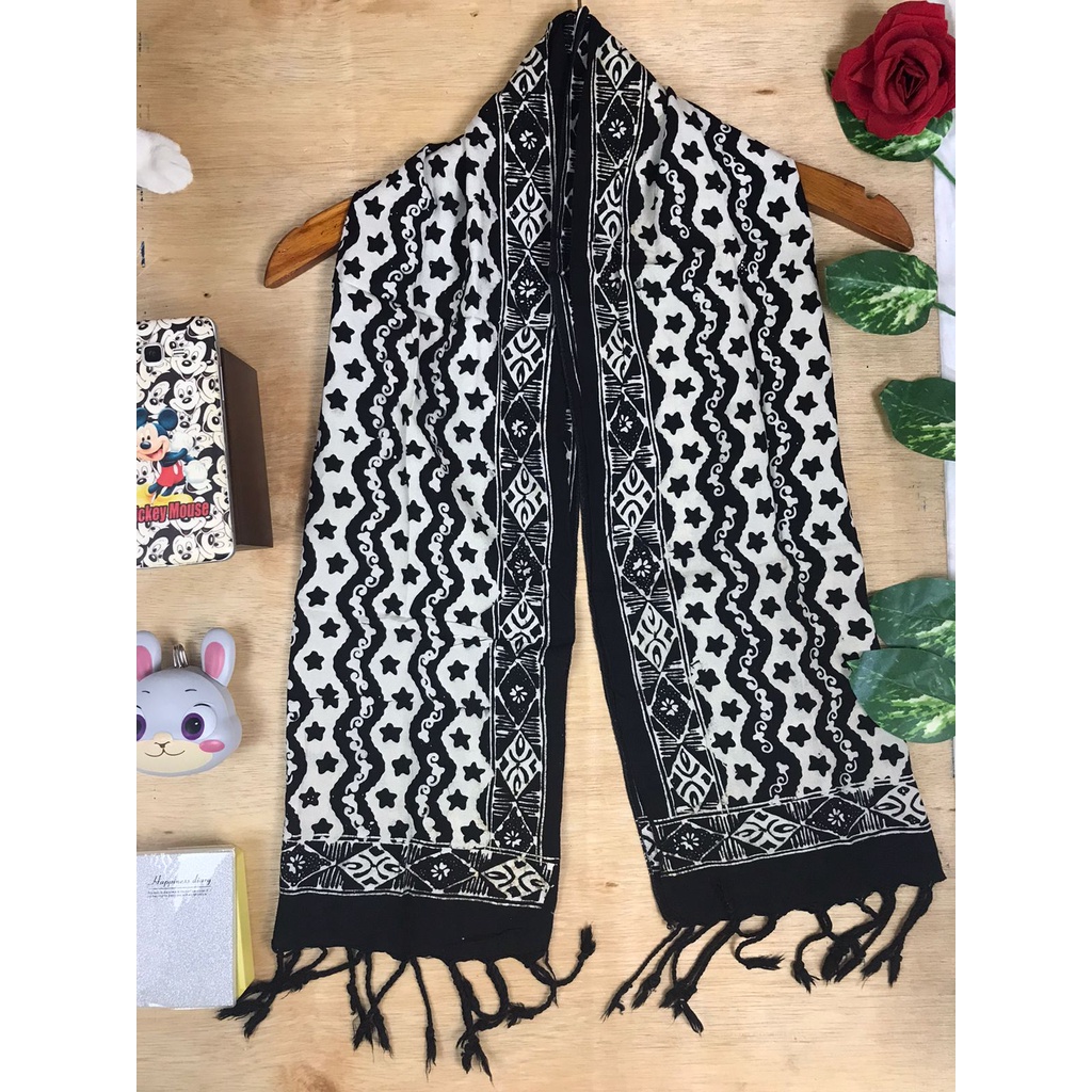Syal Batik Cap Premium Scarf Leher Fashion Outdoor - Selendang Wanita Rayon Terbaru Hitam Parang COD