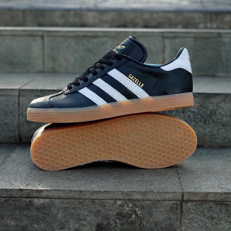 Adidas Gazelle Leather Black White Sole Gum