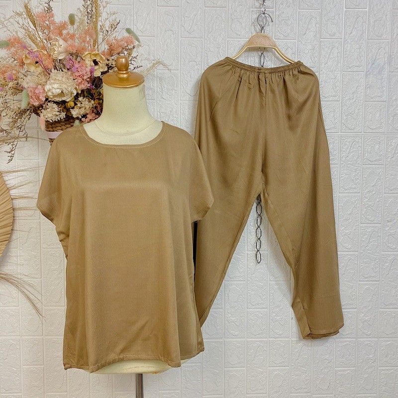 BAJU TIDUR POLOS PIYAMA POLOS CELANA PANJANG LENGAN PENDEK BAHAN RAYON babbydoll-POLOS COKLAT