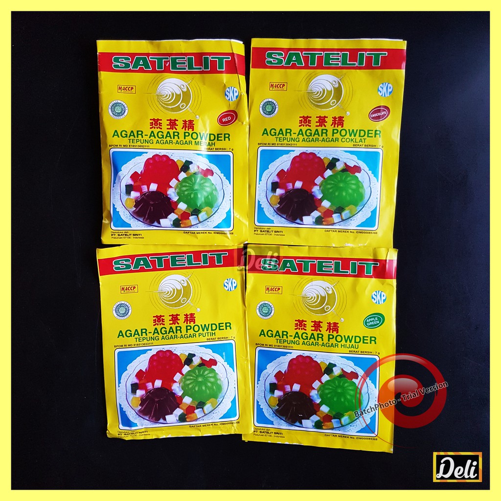 

Tepung Agar Agar Satelit 7gr Sachet Aneka Warna (Putih, Coklat, Hijau, Merah)