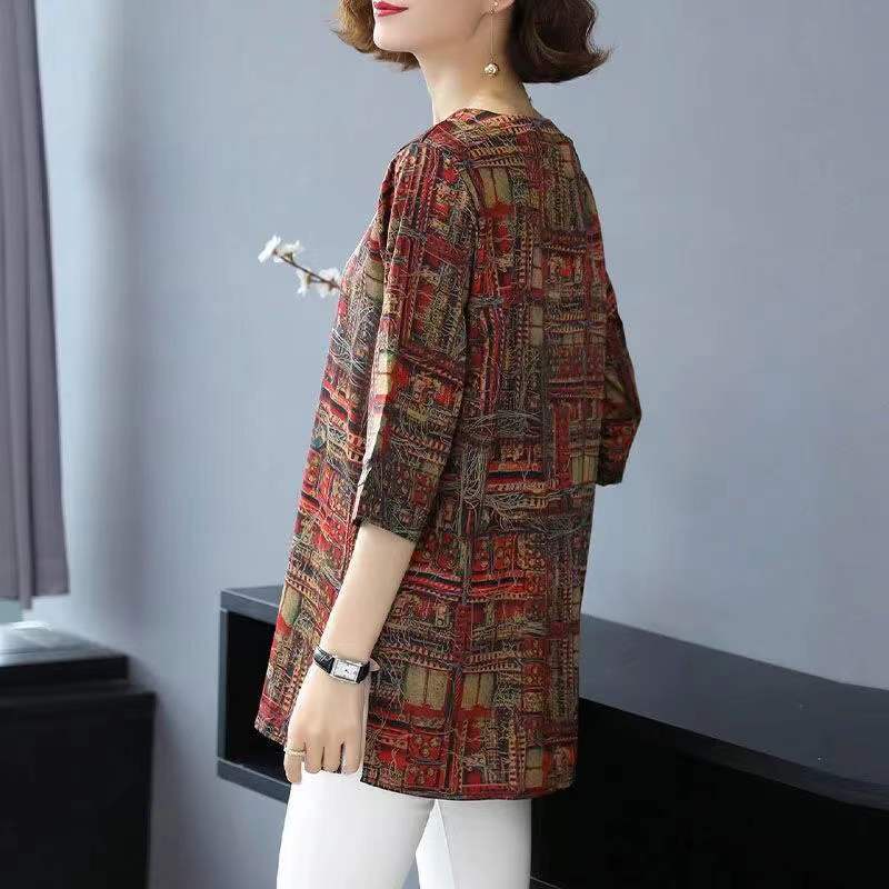 Real Foto Blus Atasan Kasual Wanita Lengan 3/4 Longgar V-Neck Bunga Silk Tops